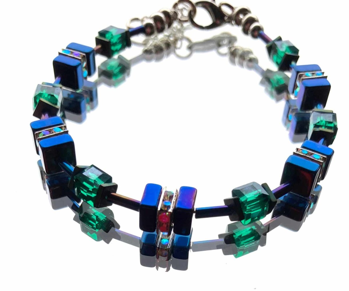 Blue and Green Hematite and Crystal Cube Bracelet - 20202BR - Image 2